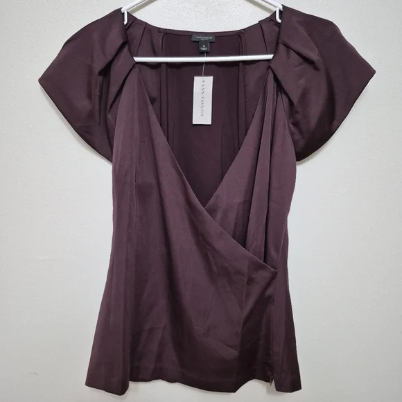 NWT Ann Taylor Women's Wine Burgundy Satin V-Neck Wrap Short Sleeve Blouse - Picture 1 of 3